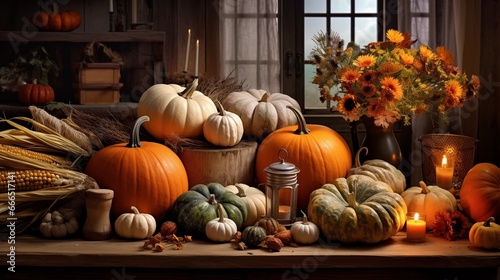 a thanksgiving table of autumn produce  pumpkins  gourds and corn