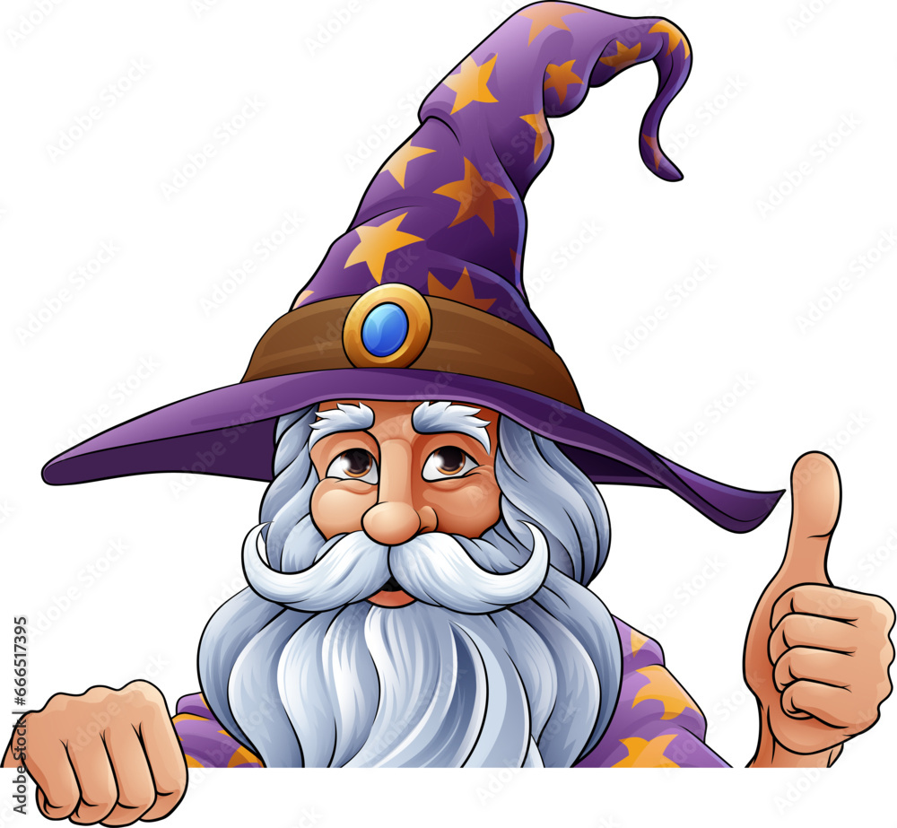 Naklejka premium A wizard merlin cartoon beard magician man Halloween character mascot