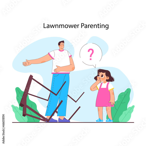 Overprotective parenting. Father clears obstacles ahead, while puzzled