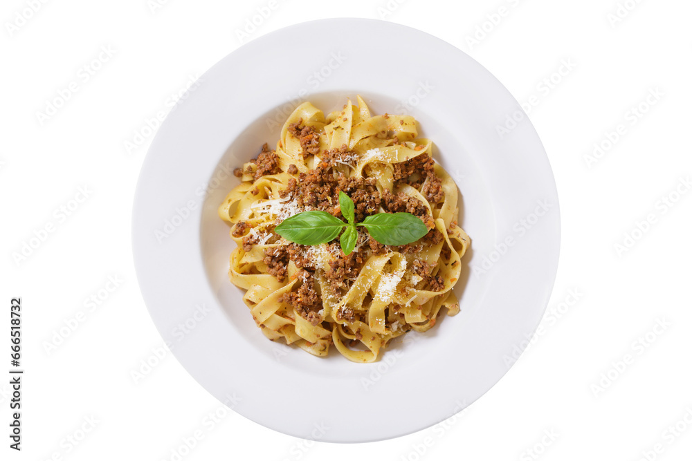plate of pasta bolognese isolated on transparent background, top view