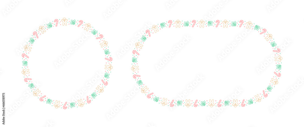Round Christmas Frame Border set. Gingerbread Cookies, Candy Cane and Mistletoe Pattern Winter Holiday Graphics. Social media post template on white background. Vector illustration. Round Christmas Frame Border set. Gingerbread Cookies, Candy Cane and Mistletoe Pattern Winter Holiday Graphics. Social media post template on white background. Vector illustration.