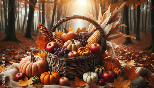 a thanksgiving autumn basket still life with pumpkins  corn  fruit and flowers