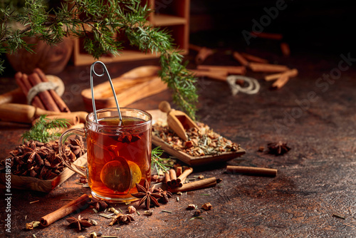 Christmas herbal tea with cinnamon, anise, and dried herbs.