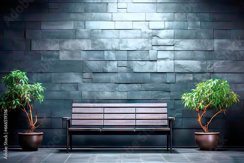 Simple Bench Among Potted Plants on a Granite Paving in Front of a Dark Wall with Basalt Stone Cladding photo