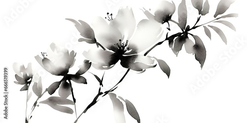 Ink painted flower. Hand painted illustration of flowers with leaves.