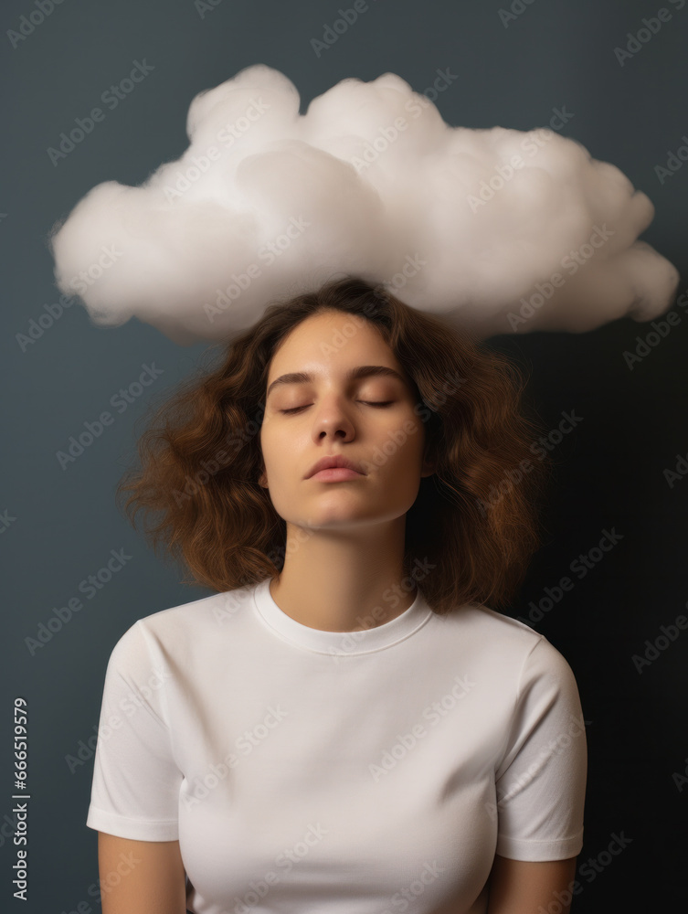A young woman ponders beneath a cotton cloud
