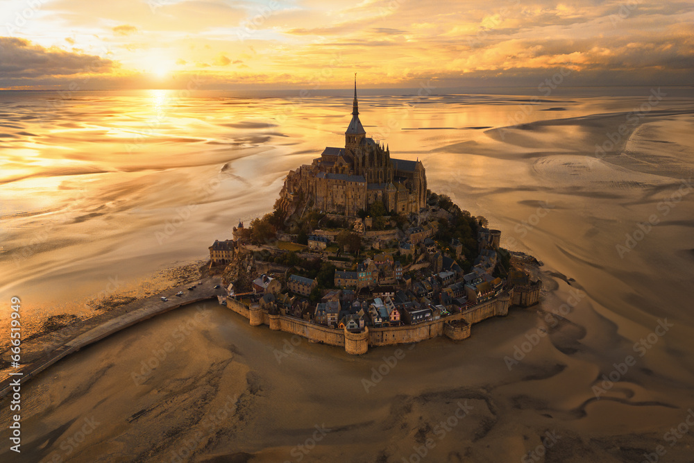 Aerial top view of Mont Saint Michel castle, France. Europe. - obrazy, fototapety, plakaty 