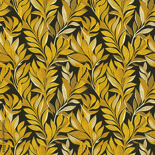 Floral botanical texture pattern with gold leaves. Seamless pattern can be used for wallpaper, pattern fills, web page background, surface textures.