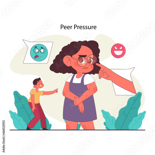 Peer pressure concept. Young girl being pointed at and teased, with insulting
