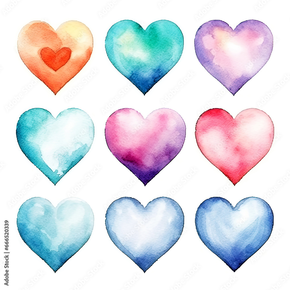 Set of watercolor heart shape stickers isolated