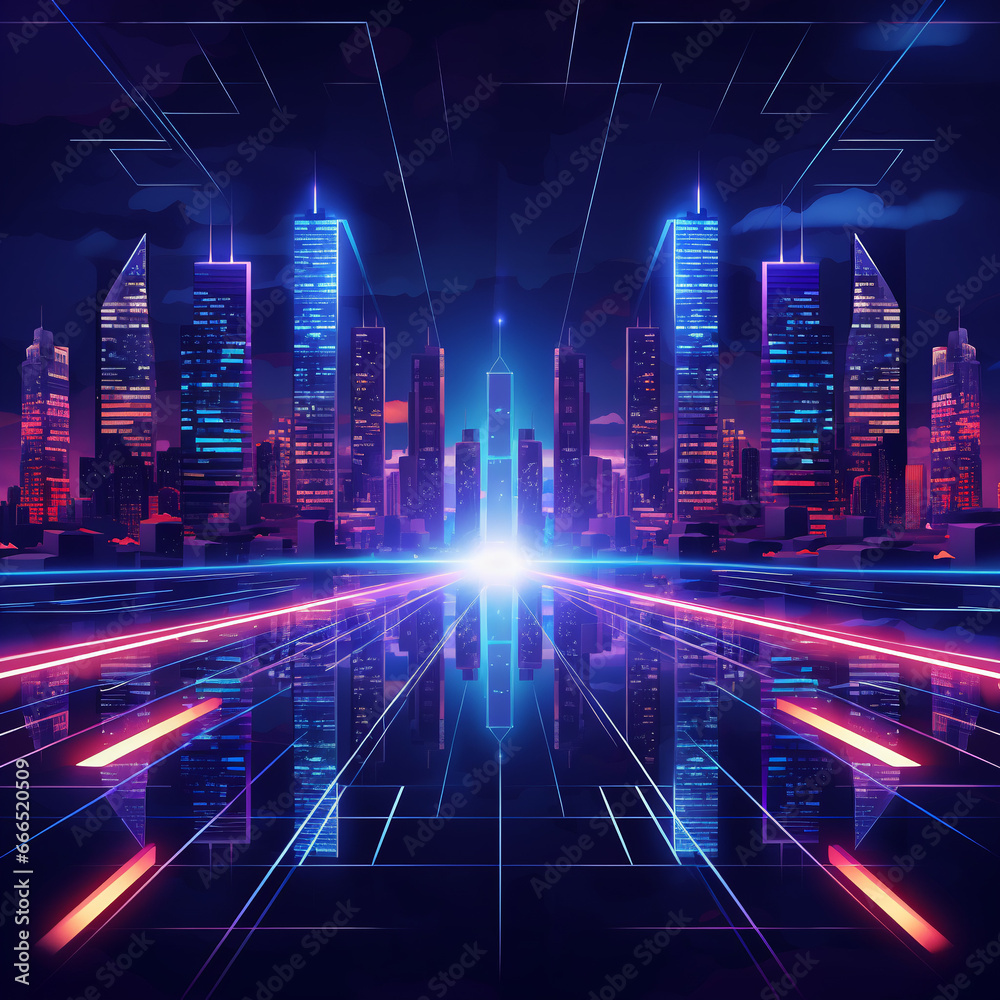 Abstract Digital Cityscape with Neon Lights: A Futuristic Urban Architecture Illustration for Hi-Tech Technology Banner Abstract Digital Cityscape with Neon Lights: A Futuristic Urban Architecture Illustration for Hi-Tech Technology Banner