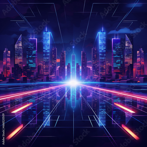Abstract Digital Cityscape with Neon Lights: A Futuristic Urban Architecture Illustration for Hi-Tech Technology Banner