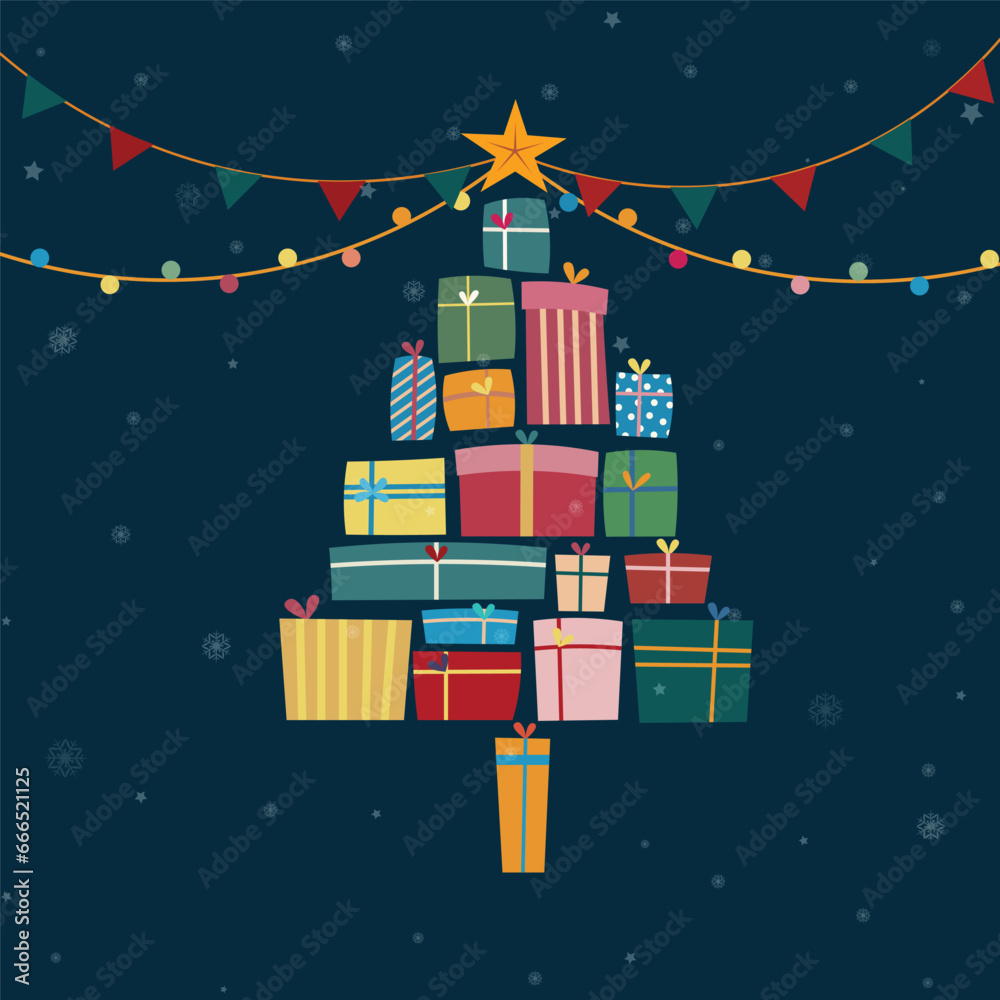 Collection of gift box pile in Christmas tree shape over dark blue background and blur snowflakes. Vector illustration for Merry Christmas concept
