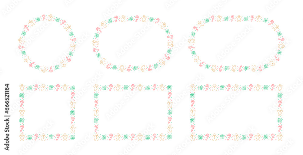 Christmas Frame Border Set. Gingerbread Cookies, Candy Cane and Mistletoe Pattern Winter Holiday Graphics. Social media post template on white background. Vector illustration. Christmas Frame Border Set. Gingerbread Cookies, Candy Cane and Mistletoe Pattern Winter Holiday Graphics. Social media post template on white background. Vector illustration.