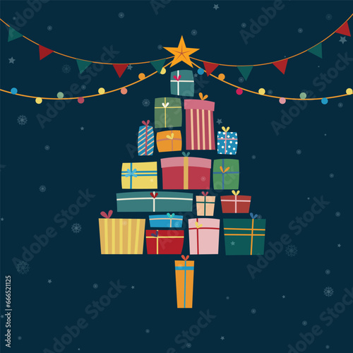 Collection of gift box pile in Christmas tree shape over dark blue background and blur snowflakes. Vector illustration for Merry Christmas concept © Nopparat
