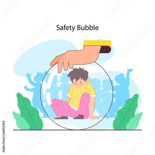 Overprotective parenting. Child enclosed in a clear bubble