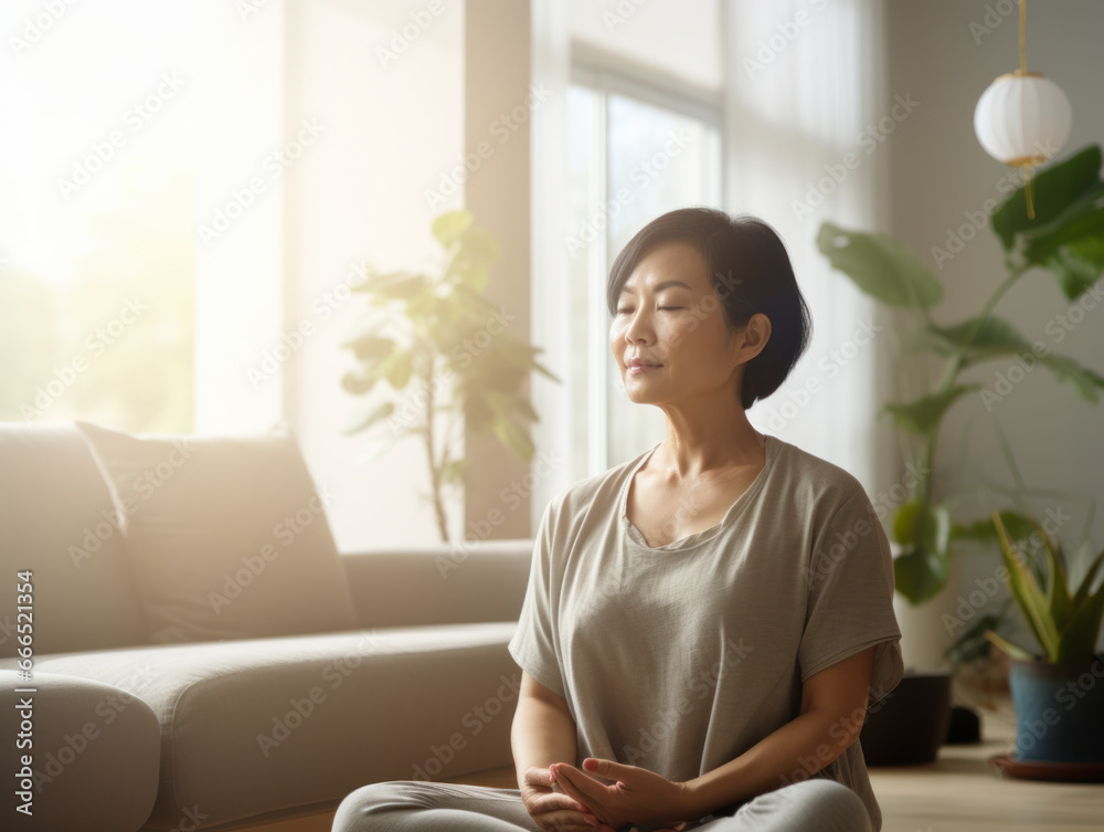 a woman doing yoga at home