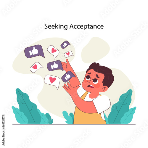 Peer pressure concept. Little boy anxiously reaching for social media