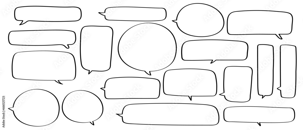 Obraz premium Black and white vector speech bubble set. Hand drawn doodle sketch style speech bubble.