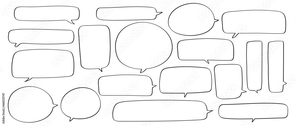 Obraz premium Black and white vector speech bubble set. Hand drawn doodle sketch style speech bubble.