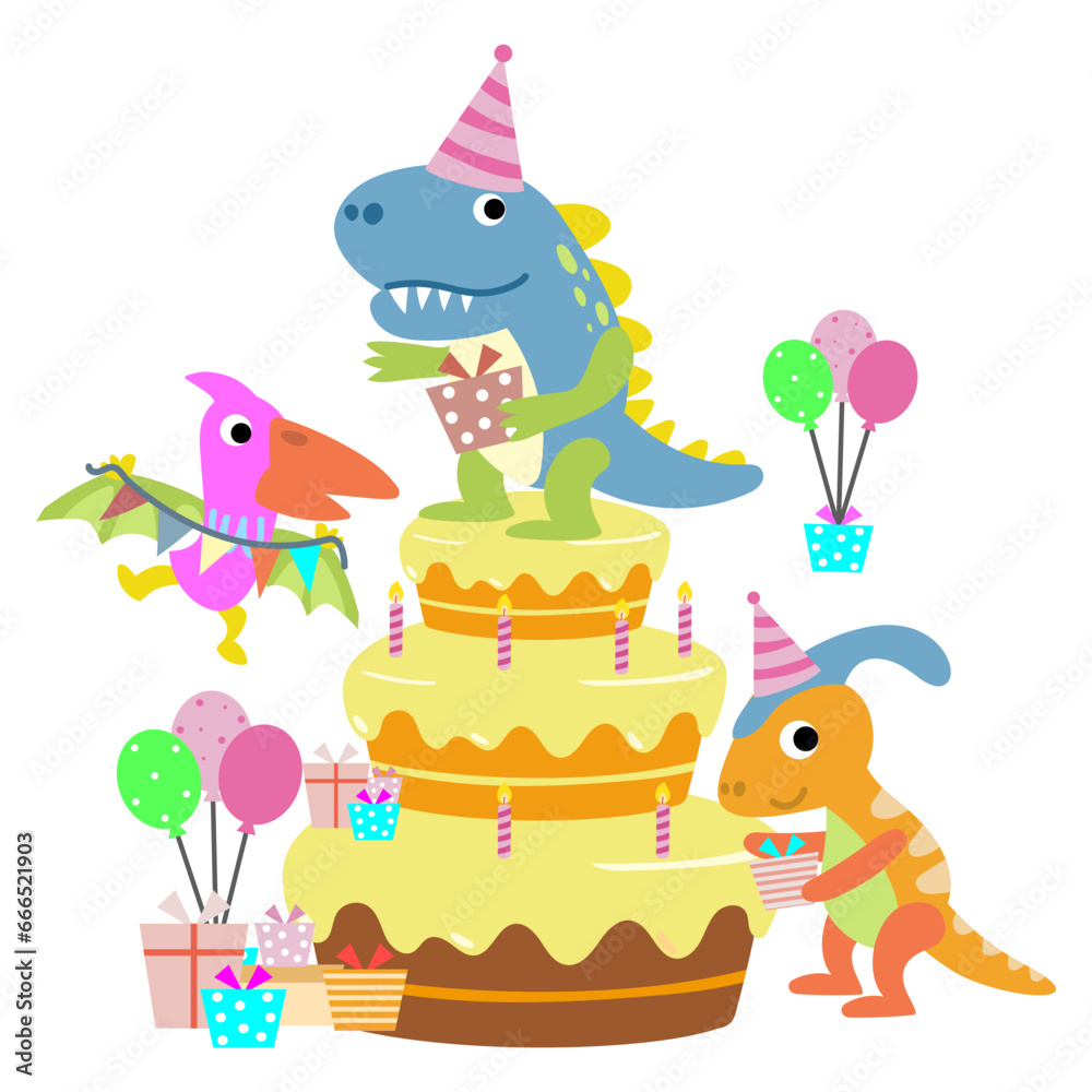 Fototapeta premium Happy Birthday Dinosaur party cake. happy dino clipart