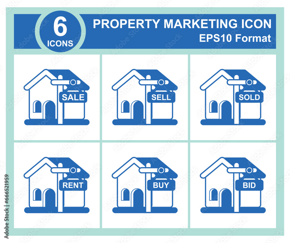 Fototapeta premium 6 Real estate icon set, vector illustration. Flat design style. EPS 10. Icon set for sale, sell, sold, rent, buy and bid property illustration