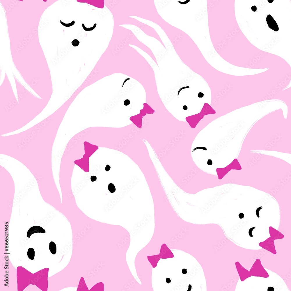 Hand drawn seamless pattern with Halloween ghosts cute pink background. Cute funny fall autumn print, scary creery horror spooky illsutration monster party decor.