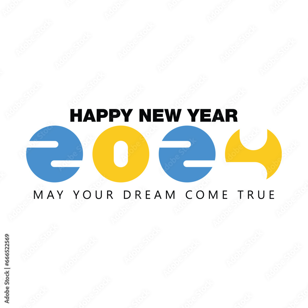 Happy New Year 2024 Text Design. Happy New Year 2024 Text Design. Blue and yellow lettering of the word 2024 on a white background Happy New Year 2024 Text Design. Happy New Year 2024 Text Design. Blue and yellow lettering of the word 2024 on a white background