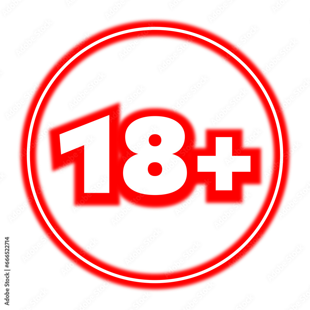 Neon red 18+ or 18 plus age limit sign on transparent background Neon red 18+ or 18 plus age limit sign on transparent background