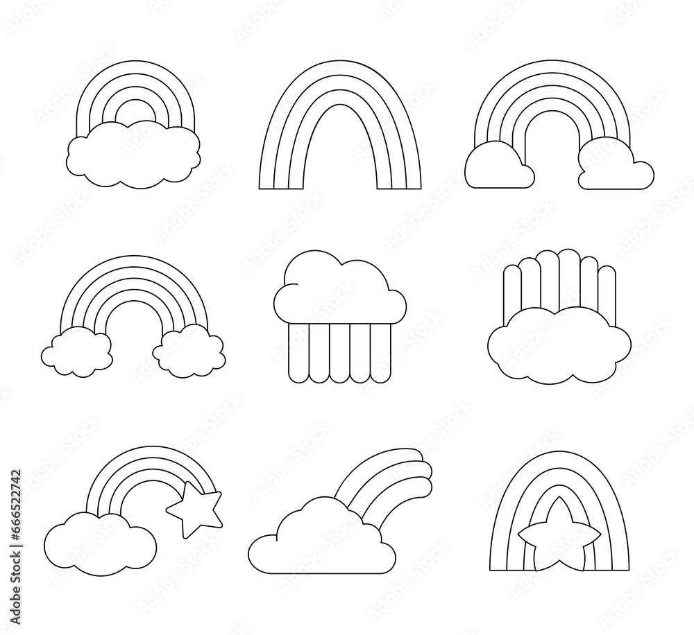 Rainbow with clouds, star. Coloring Page. Baby nursery, kids room decor. Hand drawn style. Vector drawing. Collection of design elements. Rainbow with clouds, star. Coloring Page. Baby nursery, kids room decor. Hand drawn style. Vector drawing. Collection of design elements.