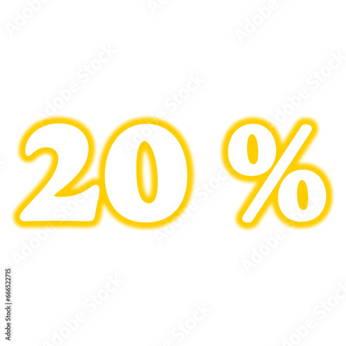 Neon 20 % symbol on transparent background. Glowing discount label png.