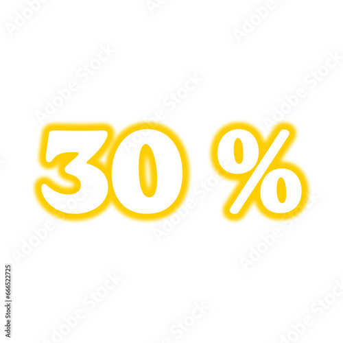Neon 30 % symbol on transparent background. Glowing discount label png.