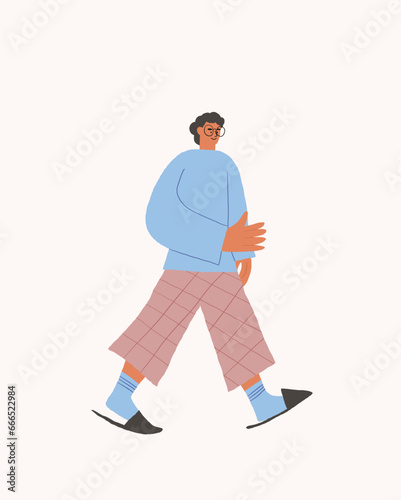 Cute man character with eyeglasses and curly hair walking in home clothing and slippers isolated on white. Home man happy staying at home. Vector illustration
