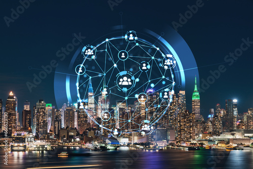 New York City skyline from New Jersey over the Hudson River with the skyscrapers at night, Manhattan, Midtown, USA. Social media hologram. Concept of networking and establishing new people connections