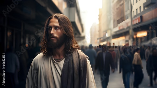 Jesus Christ in modern bustling urban cityscape. Nowaday society call for spiritual guidance and redemption. Religious support in busy street community. Pray for help and appearance.