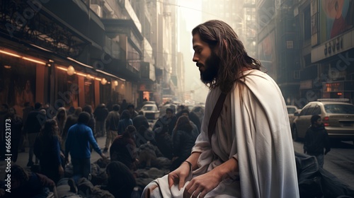 Jesus Christ in modern bustling urban cityscape. Nowaday society call for spiritual guidance and redemption. Religious support in busy street community. Pray for help and appearance.