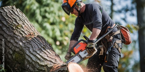 a worker is chopping wood photo