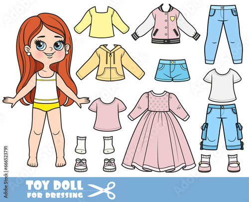 Cartoon brunette longhaired girl  and clothes separately -   long sleeve,  t-shirts, sandals,dress, shorts, jeans and sneakers doll for dressing