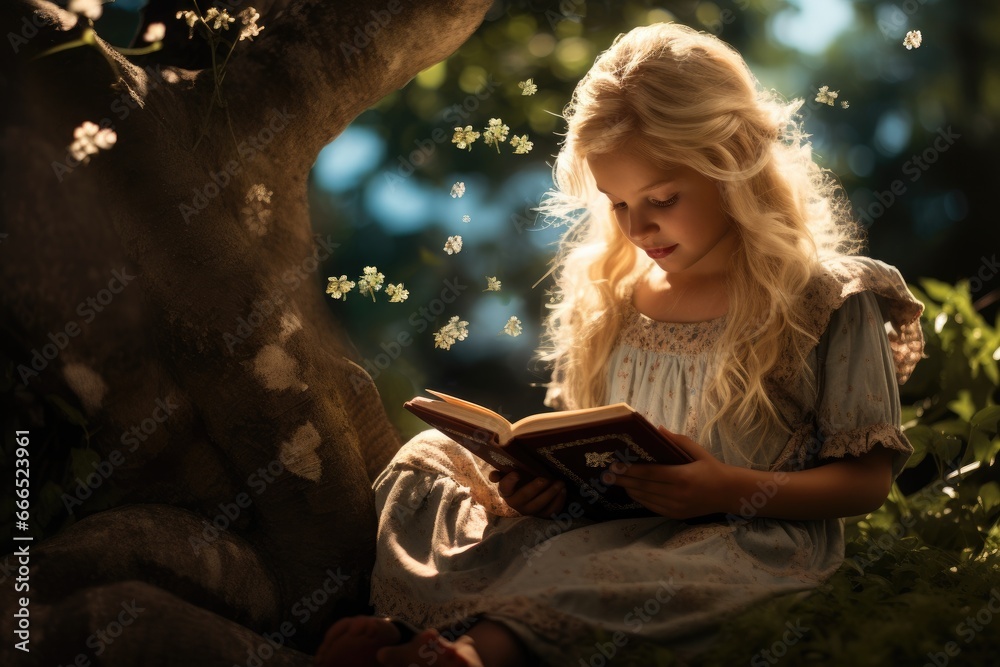 Blonde child reading a fairy tale book under a tree. - obrazy, fototapety, plakaty 