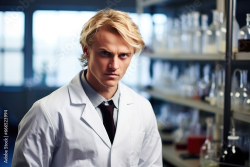 Blonde man as a researcher in a laboratory.