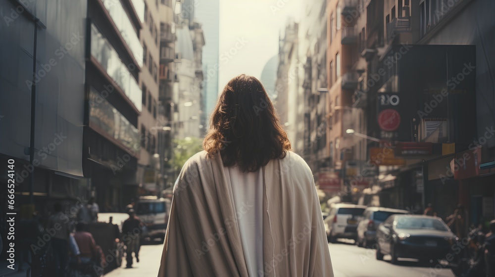 Jesus Christ in modern bustling urban cityscape. Nowaday society call for spiritual guidance and redemption. Religious support in busy street community. Pray for help and appearance. Jesus Christ in modern bustling urban cityscape. Nowaday society call for spiritual guidance and redemption. Religious support in busy street community. Pray for help and appearance.