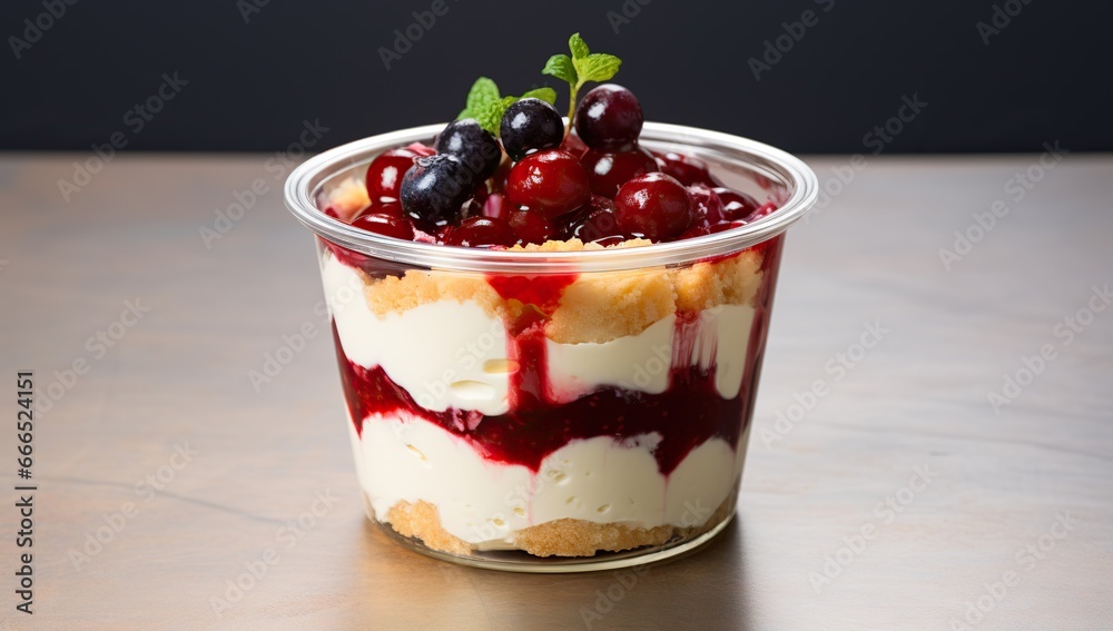 Dessert in a plastic cup with berries, cake slices and cream on a dark background.