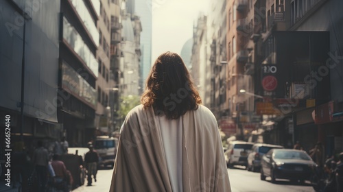 Jesus Christ in modern bustling urban cityscape. Nowaday society call for spiritual guidance and redemption. Religious support in busy street community. Pray for help and appearance.