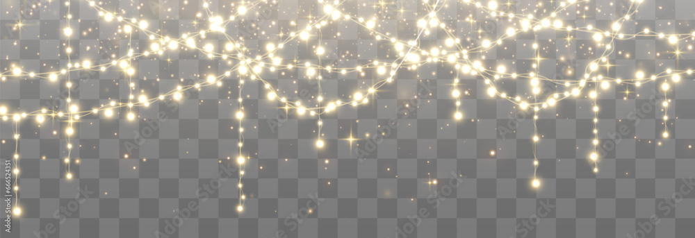 Christmas lights bulbs, glowing garlands string. New Year's party lights, holiday decorations. Winter holiday season element. Vector illustration isolated on png