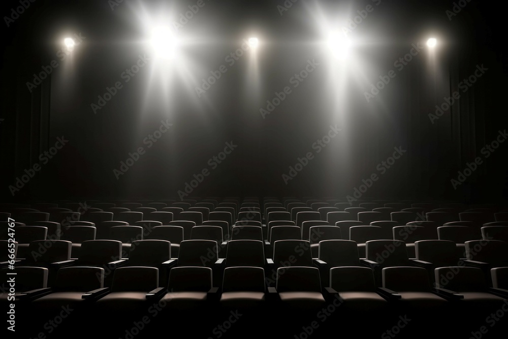 Cinema seats empty under lights. Spotlight art row film audience. Generate Ai - obrazy, fototapety, plakaty 