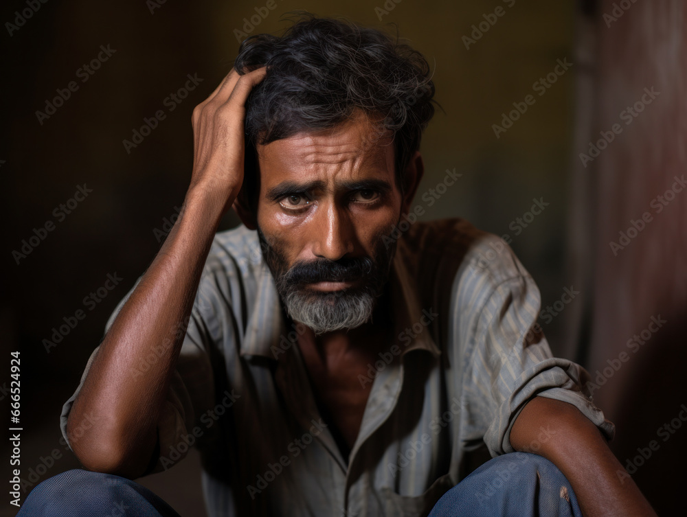 Fototapeta premium A sad man sat in the shadows