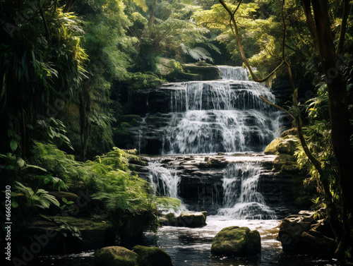 A picturesque waterfall gracefully flows through a verdant landscape, creating a serene and awe-inspiring beauty.