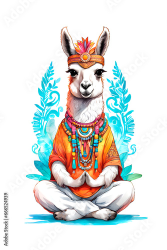 Watercolor meditating lama in lotus position, alpaca yogi photo