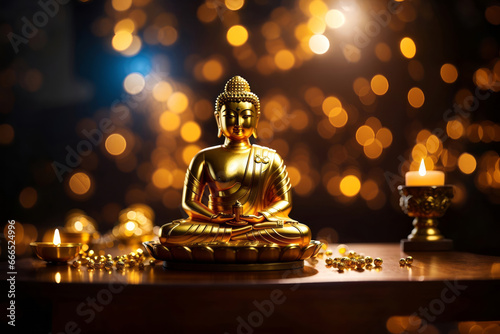 golden buddha statue on the top of table with black and golden bokeh light background
