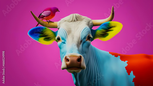 A multicolored cow with a small red bird on its horns photo